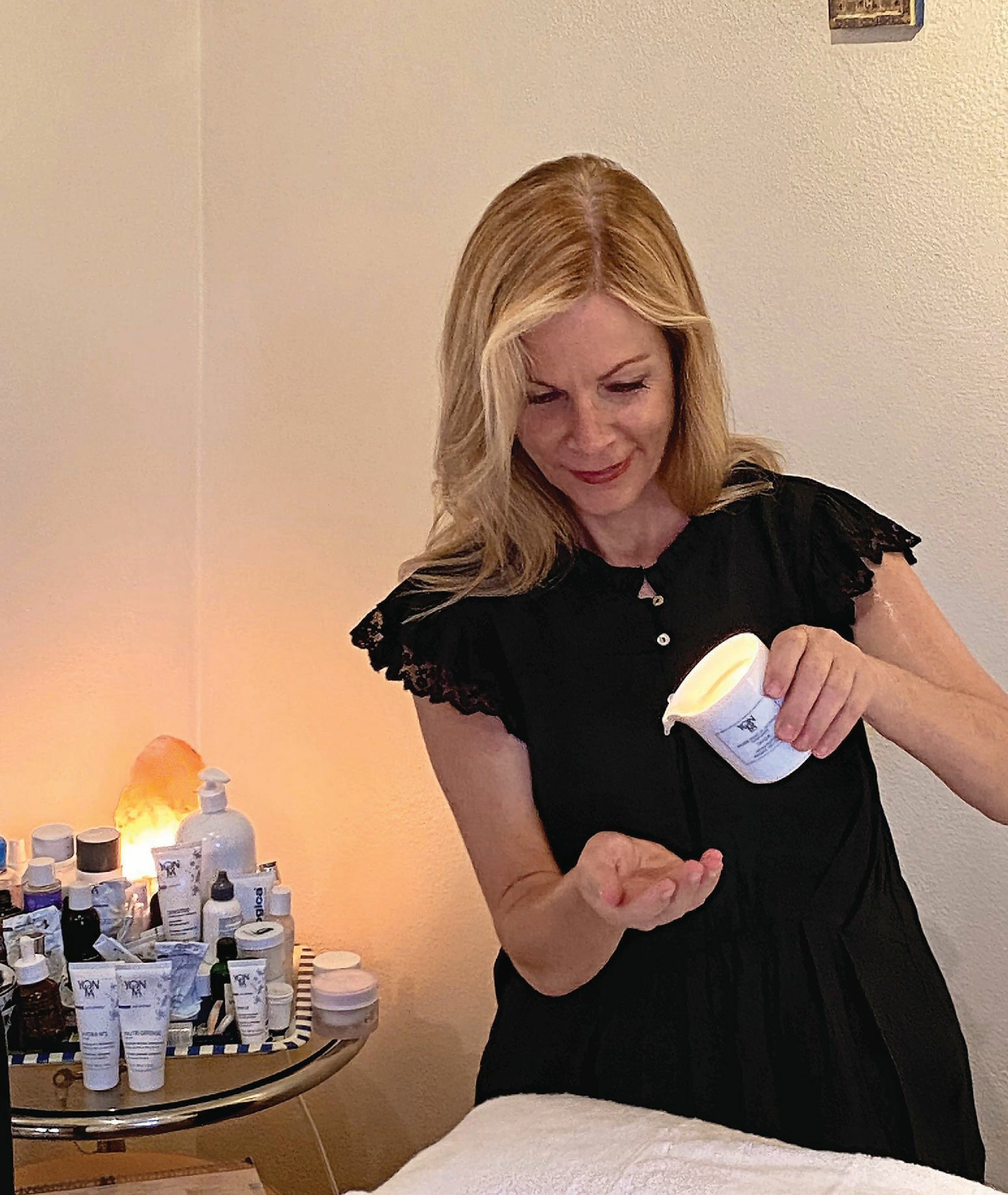 Louise Franklyn uses the Yon-Ka Paris massage candle, which offers notes of pine and a touch of citrus. PHOTO COURTESY OF PATRICK O’HARA SALON