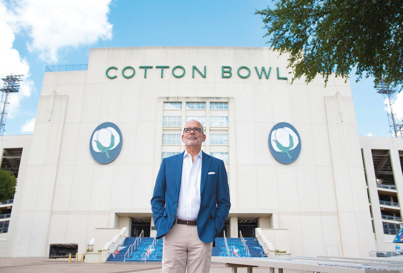 Trubey stands in front of the Cotton Bowl at Fair Park, one of Overland Partners’ latest projects. PHOTO BY TAMYTHA CAMERON