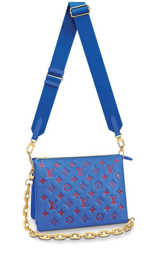 Louis Vuitton Coussin Pm monogramem-bossed blue red super-rare lambskin leather shoulder bag LOUIS VUITTON BAG PHOTO COURTESY OF BRAND