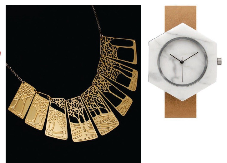 Seasons necklace and white marble hexagon Mason watch, both from Amon Carter Museum PHOTO COURTESY OF BRANDS